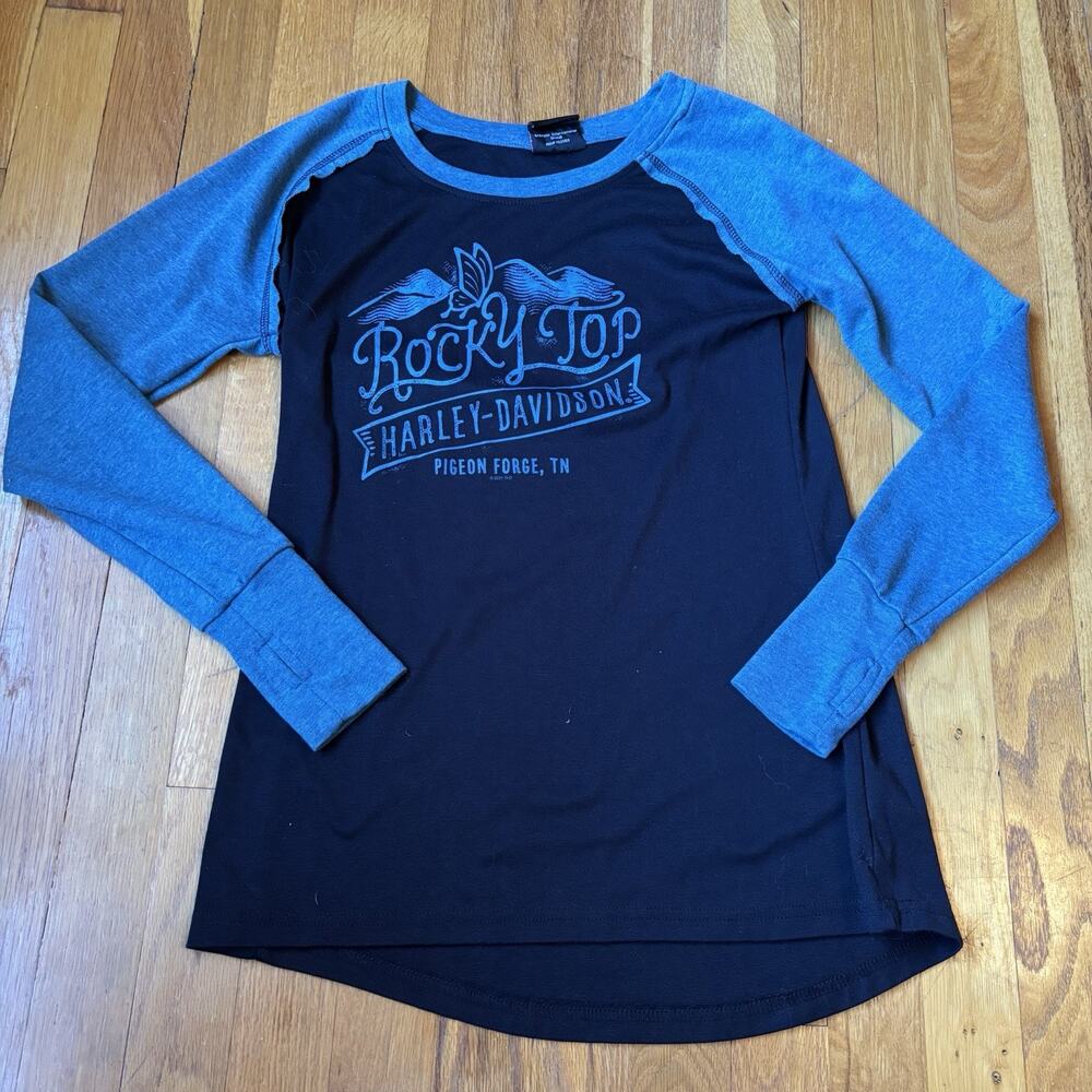 HARLEY DAVIDSON Women’s Long Sleeve Small Motorcycle Shirt Teal Black Ride IL